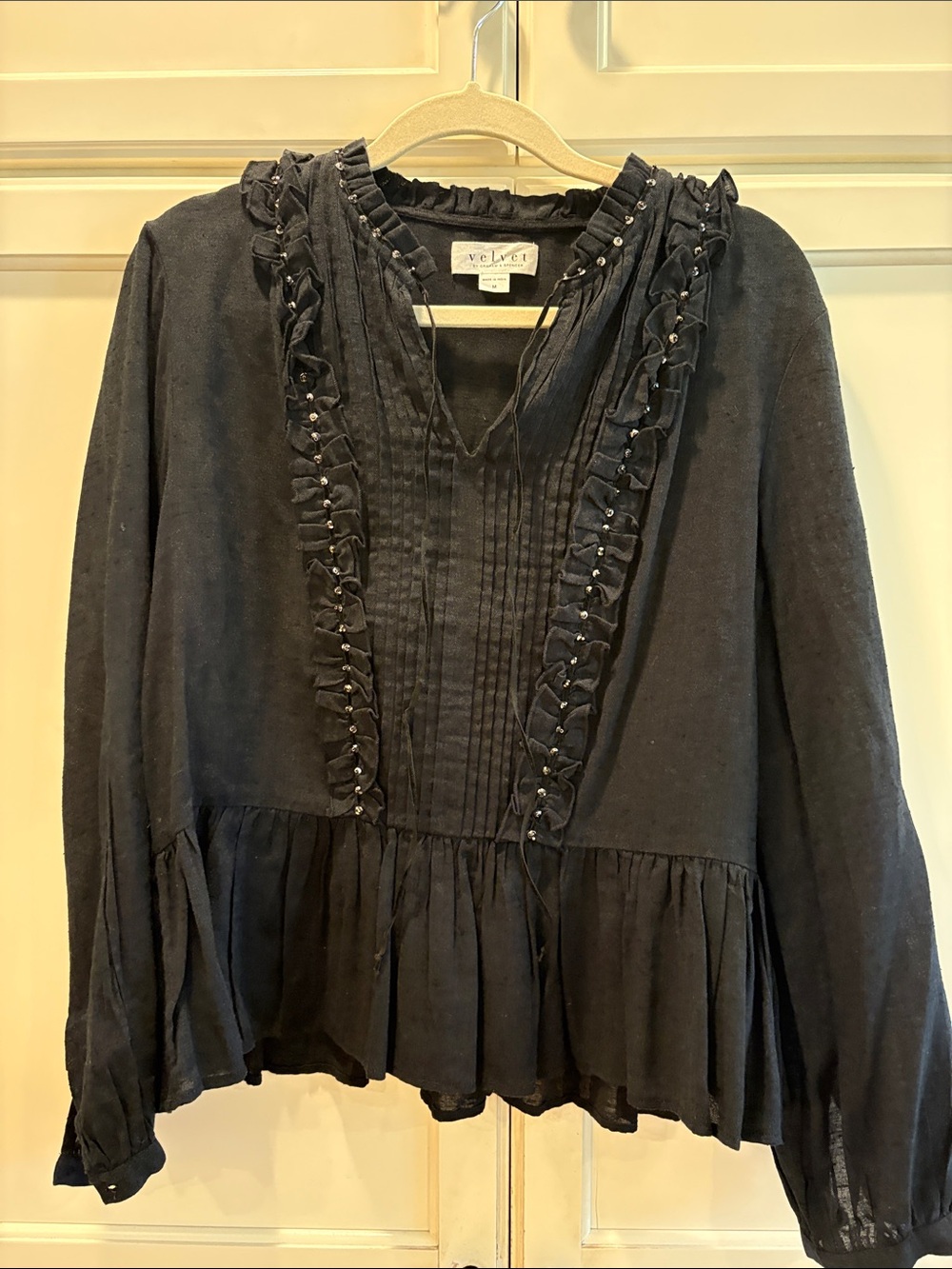 Velvet by Graham and Spencer black ruffle pintuck peasant blouse
